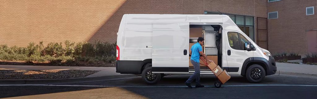 A person unloading boxes from a white delivery van.