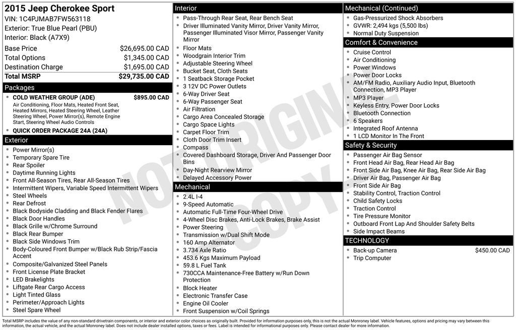2015 Jeep Cherokee Sport Remote keyless entry