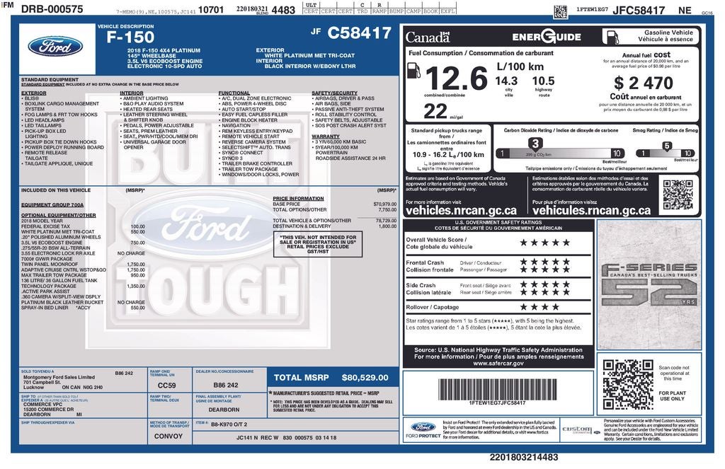 2018 Ford F-150 Platinum Technology Package