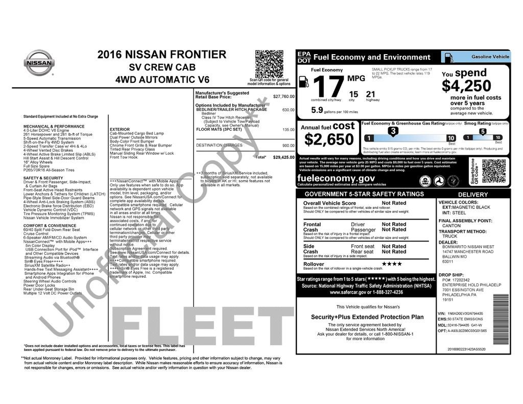2016 Nissan Frontier SV Remote keyless entry