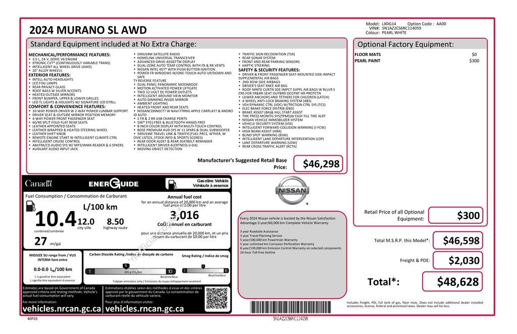 2024 Nissan Murano SL Power moonroof & Navigation System