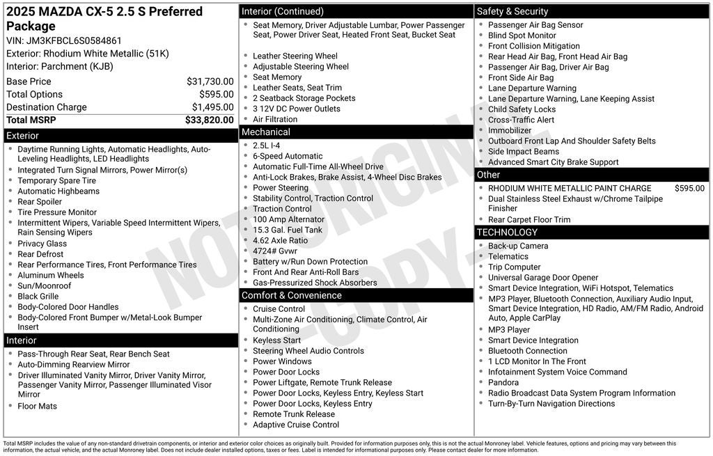 2025 Mazda Mazda CX-5 2.5 S Preferred Package Power moonroof