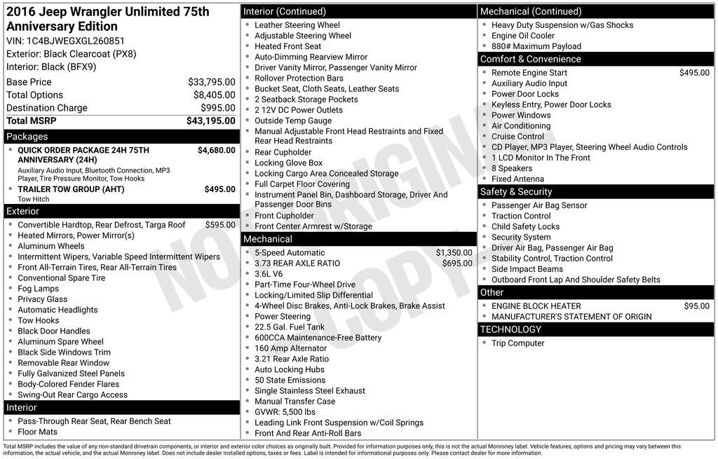 2016 Jeep Wrangler Unlimited Sahara 75TH ANNIVERSARY HEATED LEATHER HARD TOP V6 TOW