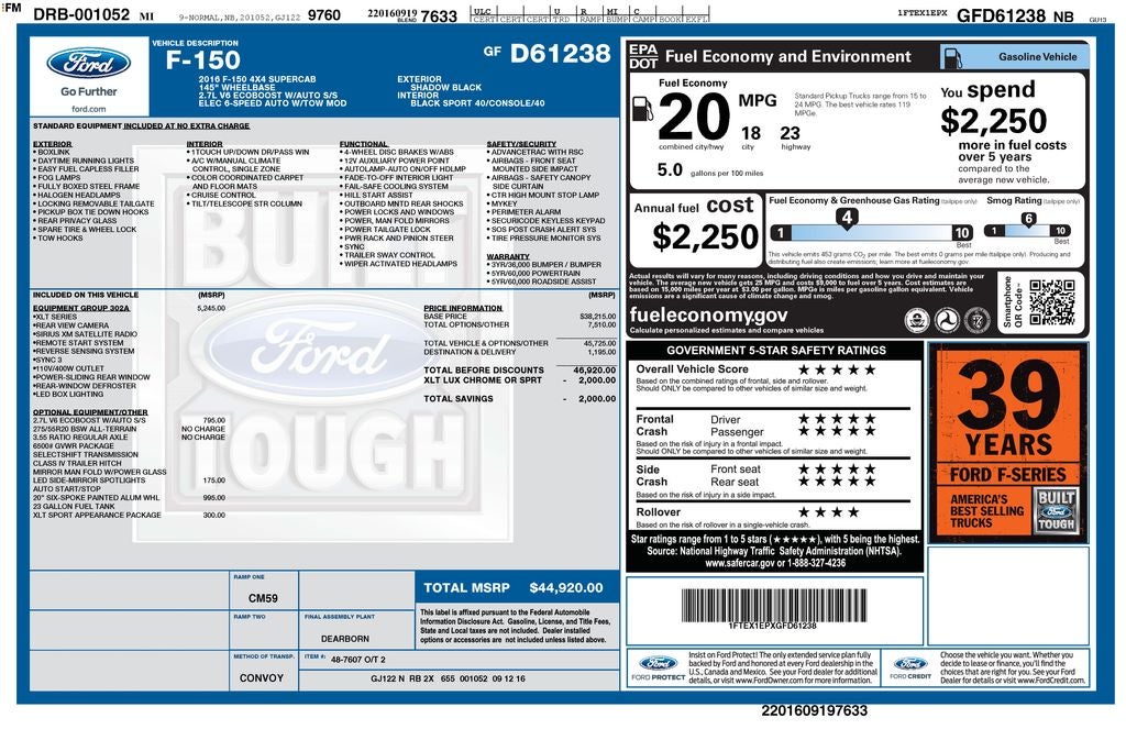 2016 Ford F-150 XLT 302A LUXURY SPORT APPEARANCE PKG CREW CAB 4X4