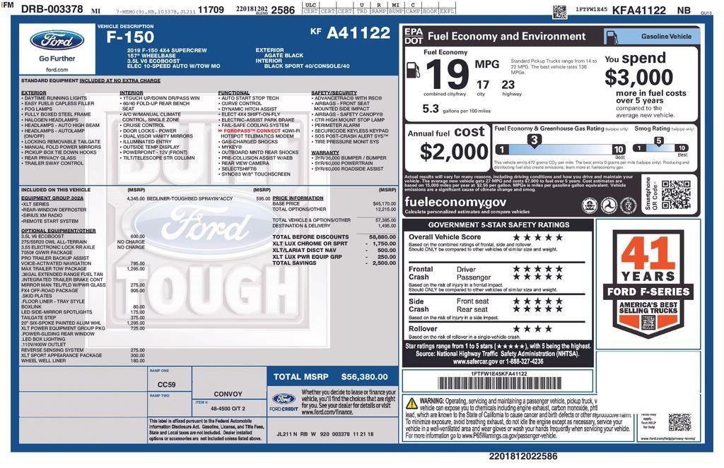 2019 Ford F-150 XLT Crew Cab FX4 Sport Appearance Max Tow 20" Wheels L