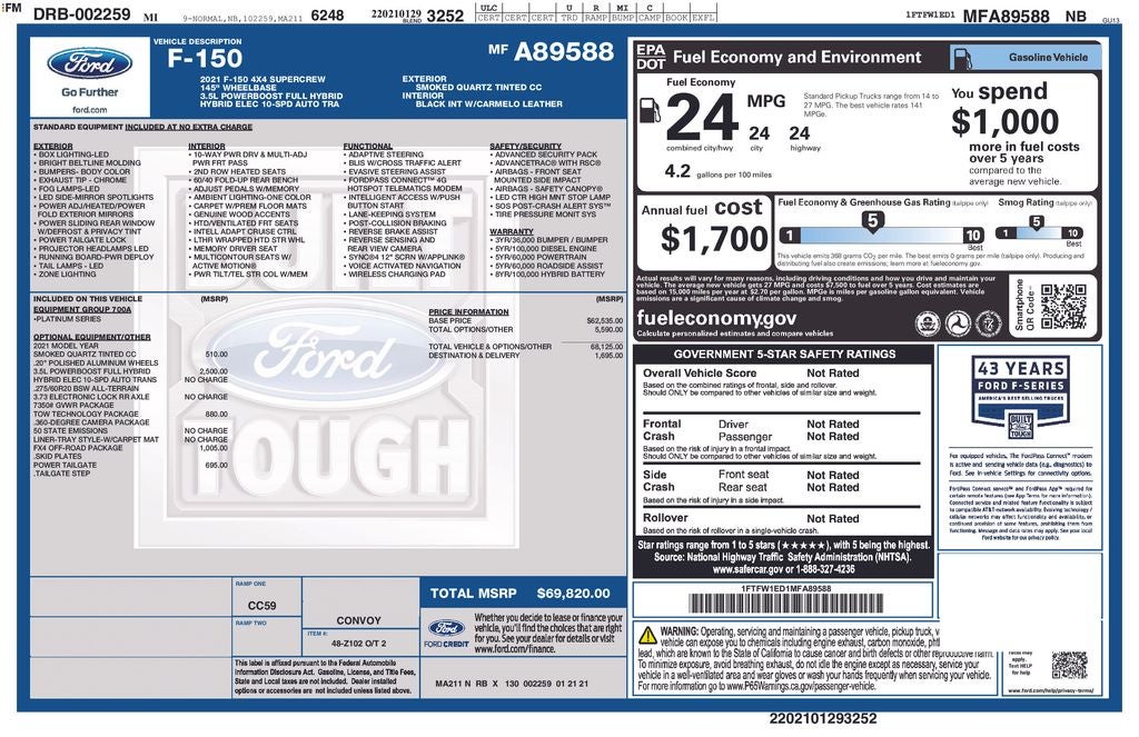 2021 Ford F-150 Platinum Hybrid FX4 TOW TECH PKG NAVIGATION
