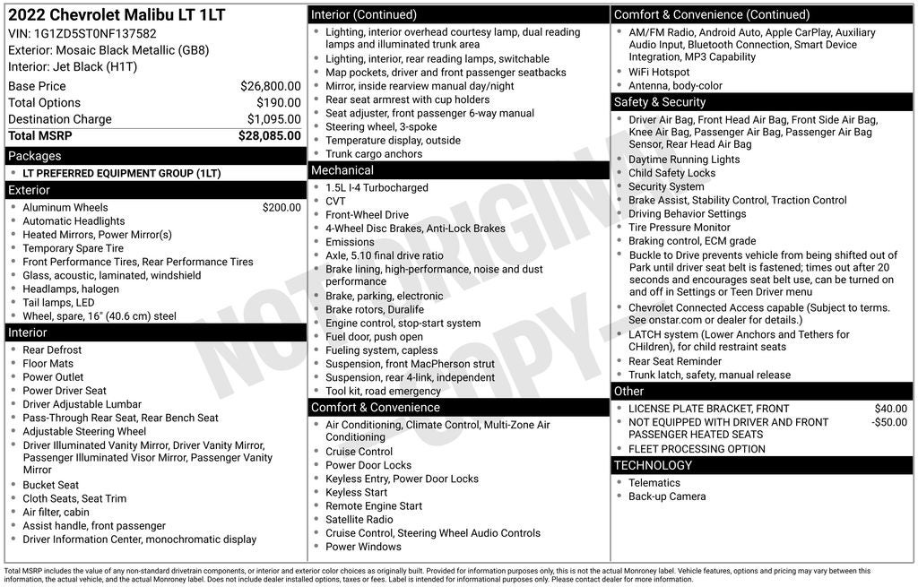 2022 Chevrolet Malibu LT Keyless Entry Rear Camera Power Seat Alloys