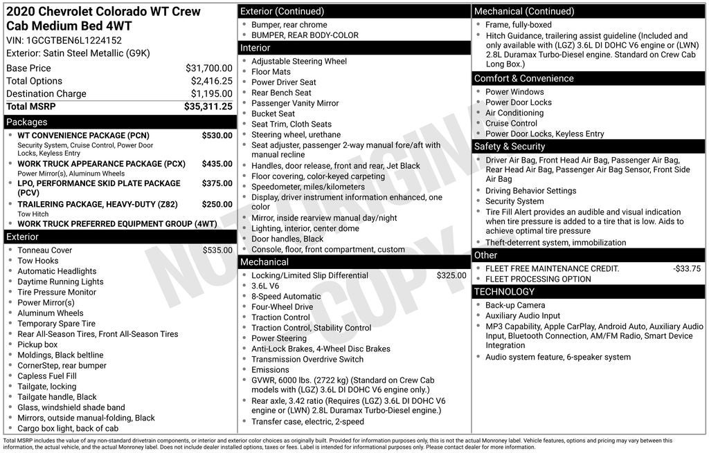 2020 Chevrolet Colorado Work Truck Crew Cab 4x4 V6 Rear Camera