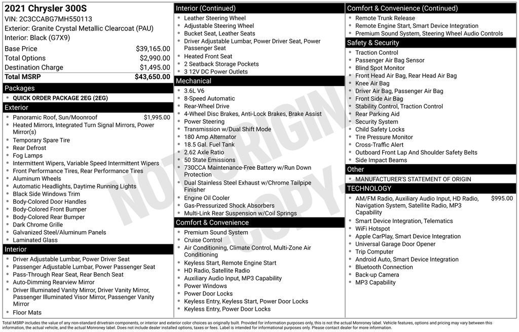 2021 Chrysler 300 S Panoramic Moonroof Navigation Heated Leather Rear