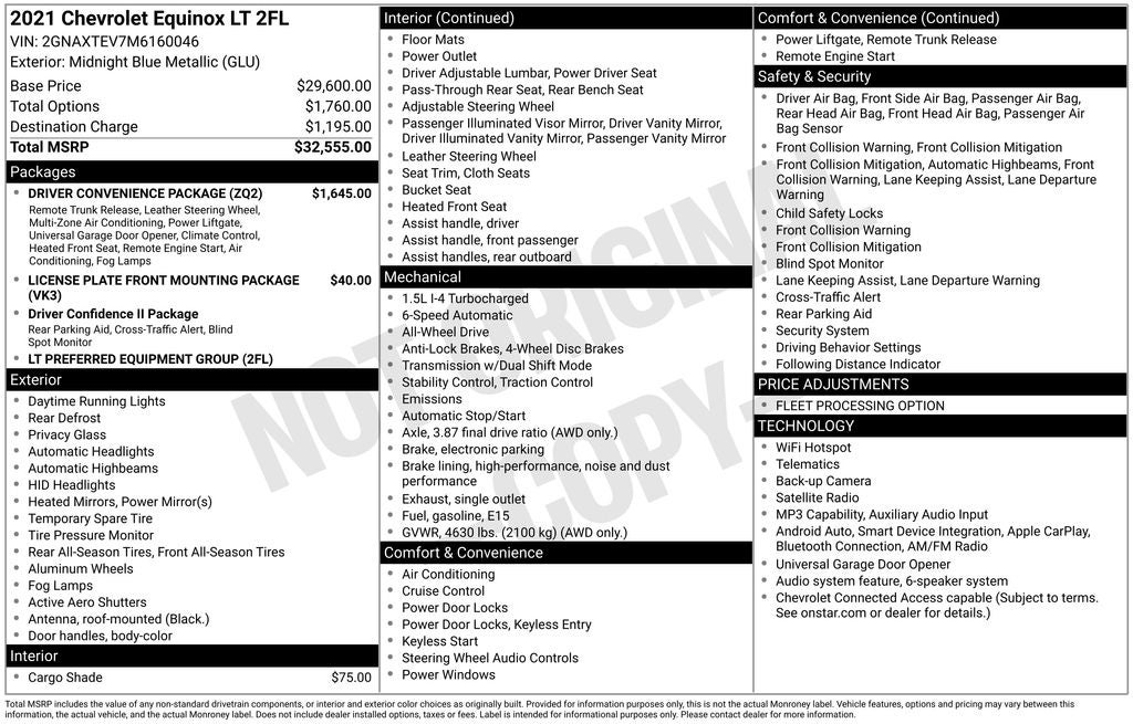 2021 Chevrolet Equinox LT AWD Rear Camera Power Seat