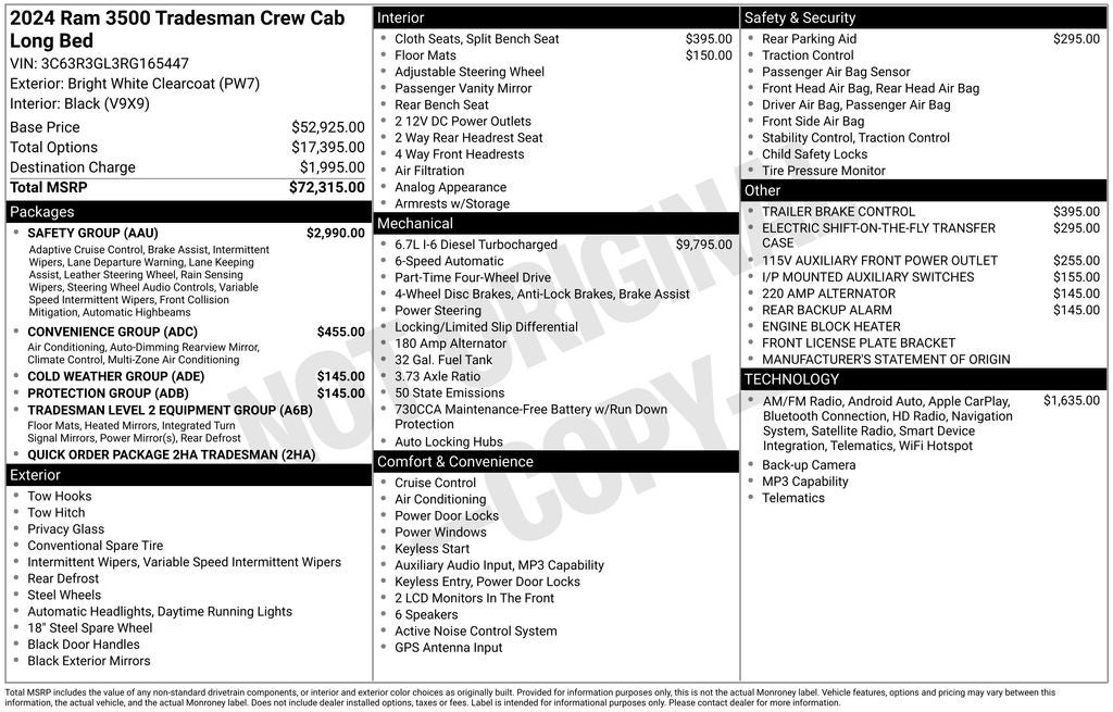 2024 RAM 3500 Tradesman CREW CAB 4X4 CUMMINGS TURBO DIESEL NAVIGATION