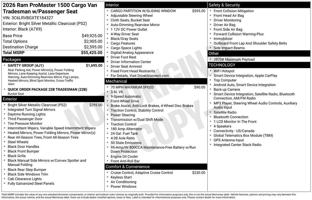 2026 RAM ProMaster 1500 Base Tradesman High roof Cargo Van 136 WB