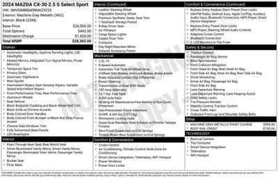 2024 Mazda Mazda CX-30 2.5 S Select Sport AWD Leatherette Rear Camera Black Wheels