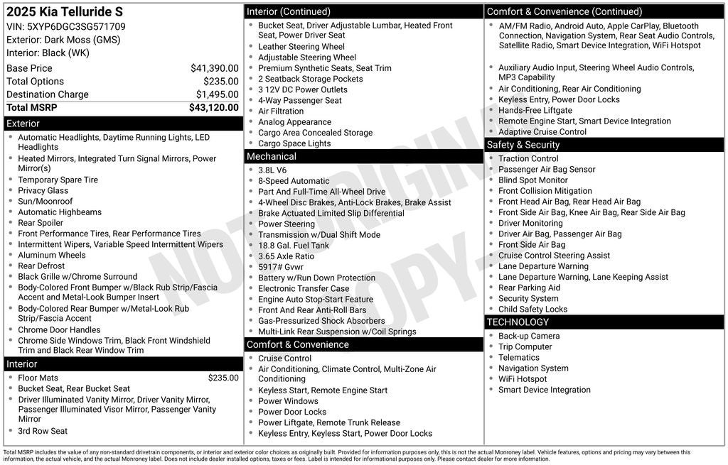 2025 Kia Telluride S V6 AWD Leather Power Moonroof Navigation Blis Blac